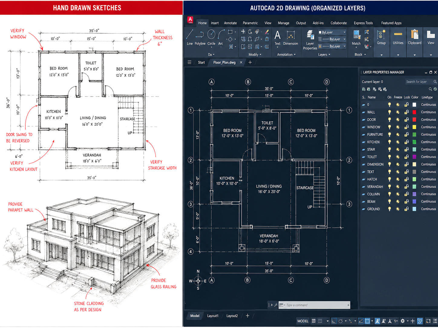 Sketch to CAD conversion showing blueprint details